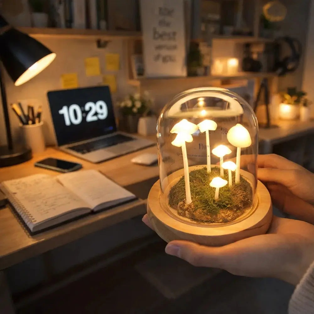 Tylna mushroom lamp under glass dome, wood base | Wickleigh
