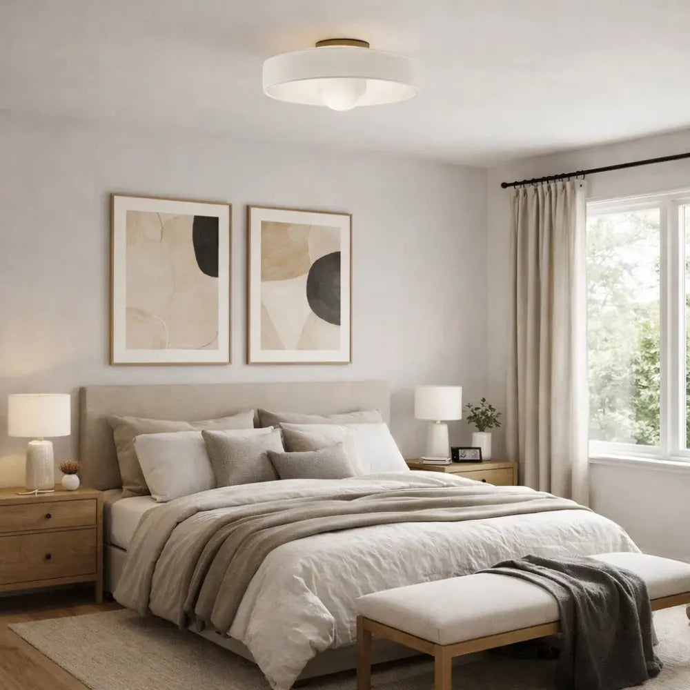 Myrren flush ceiling light, glass globe and iron disc, packshot | Wickleigh