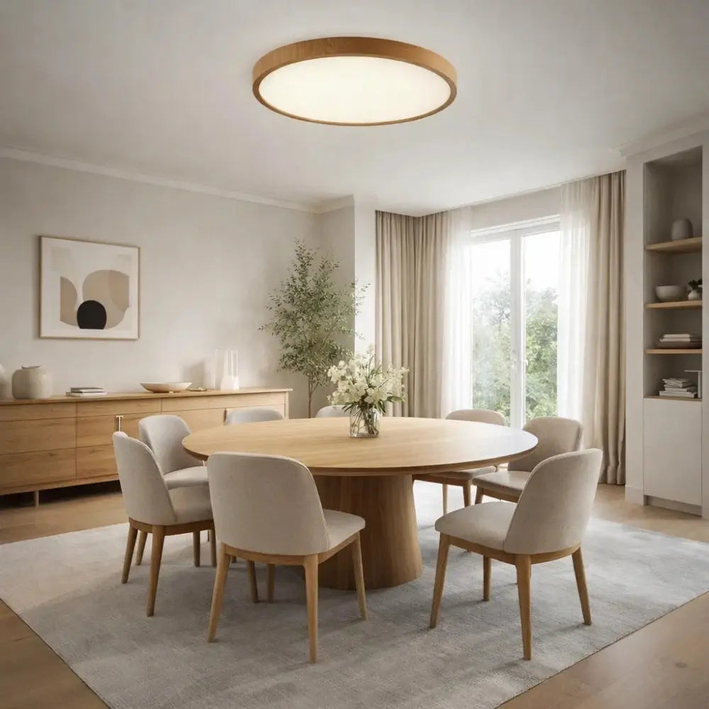 Ulsen round ceiling light, slim wood-effect ring, packshot | Wickleigh