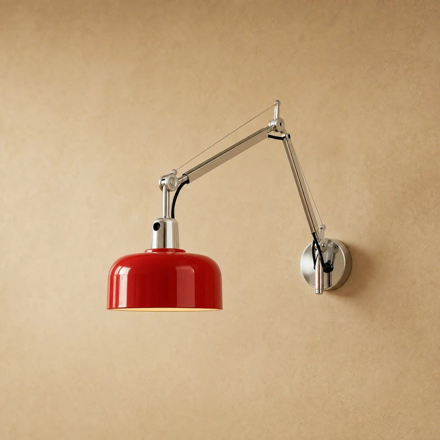 Benra swing arm wall light, red lacquered shade and chrome arm | Wickleigh