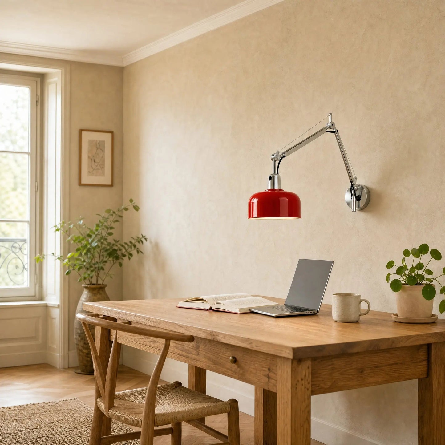 Benra red swing arm wall light extended above an oak desk, bright work corner | Wickleigh