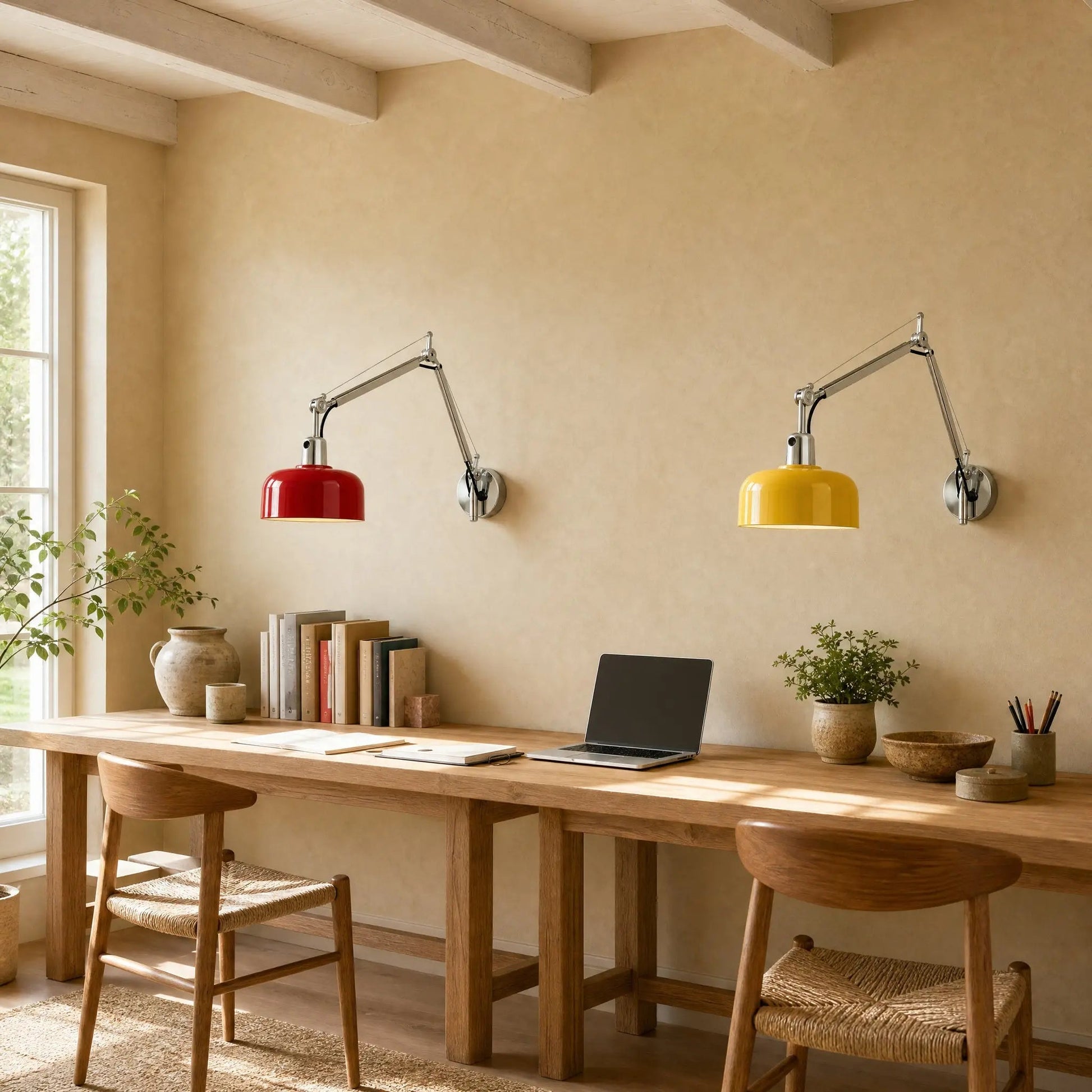 Two Benra swing arm wall lights, red and yellow, aligned above a long shared desk | Wickleigh
