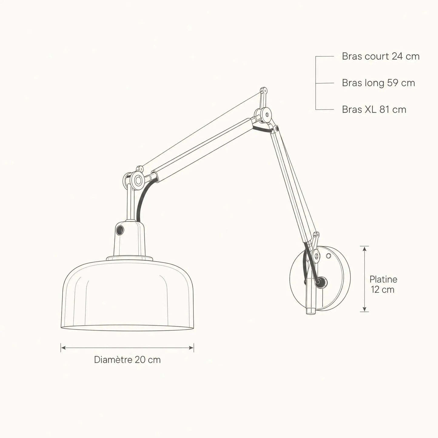 Dimensions of the Benra swing arm wall light: 20 cm shade, 24, 59 and 81 cm reach, 12 cm plate | Wickleigh