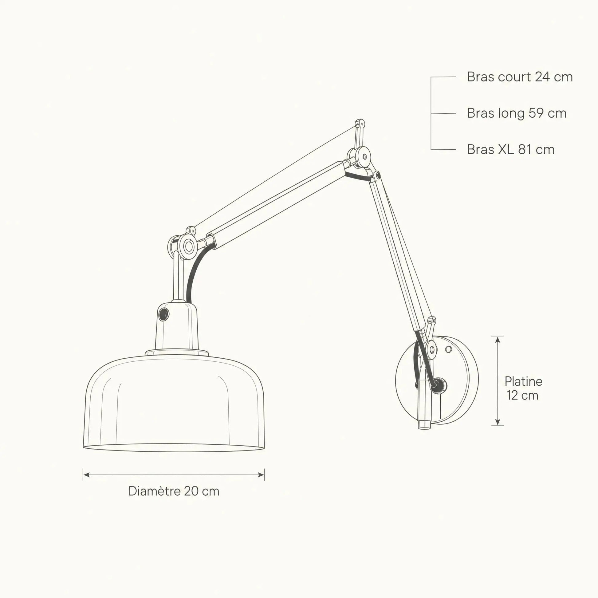 Dimensions of the Benra swing arm wall light: 20 cm shade, 24, 59 and 81 cm reach, 12 cm plate | Wickleigh