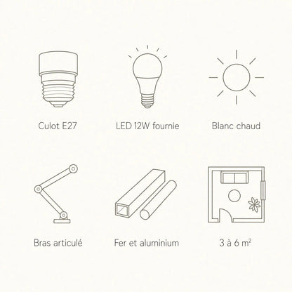Specifications of the Benra swing arm wall light: E27 fitting, 12W warm white LED, articulated arm | Wickleigh