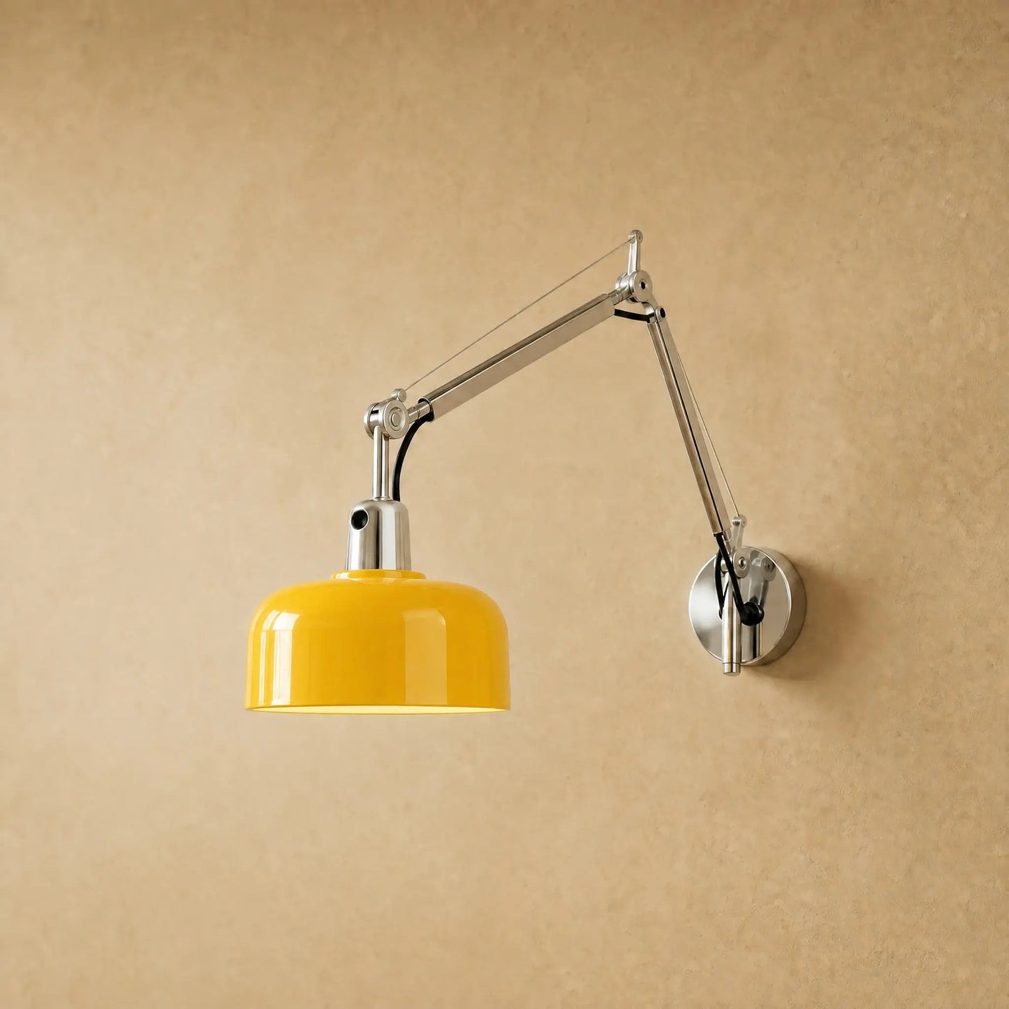 Benra swing arm wall light, yellow lacquered shade and chrome arm | Wickleigh