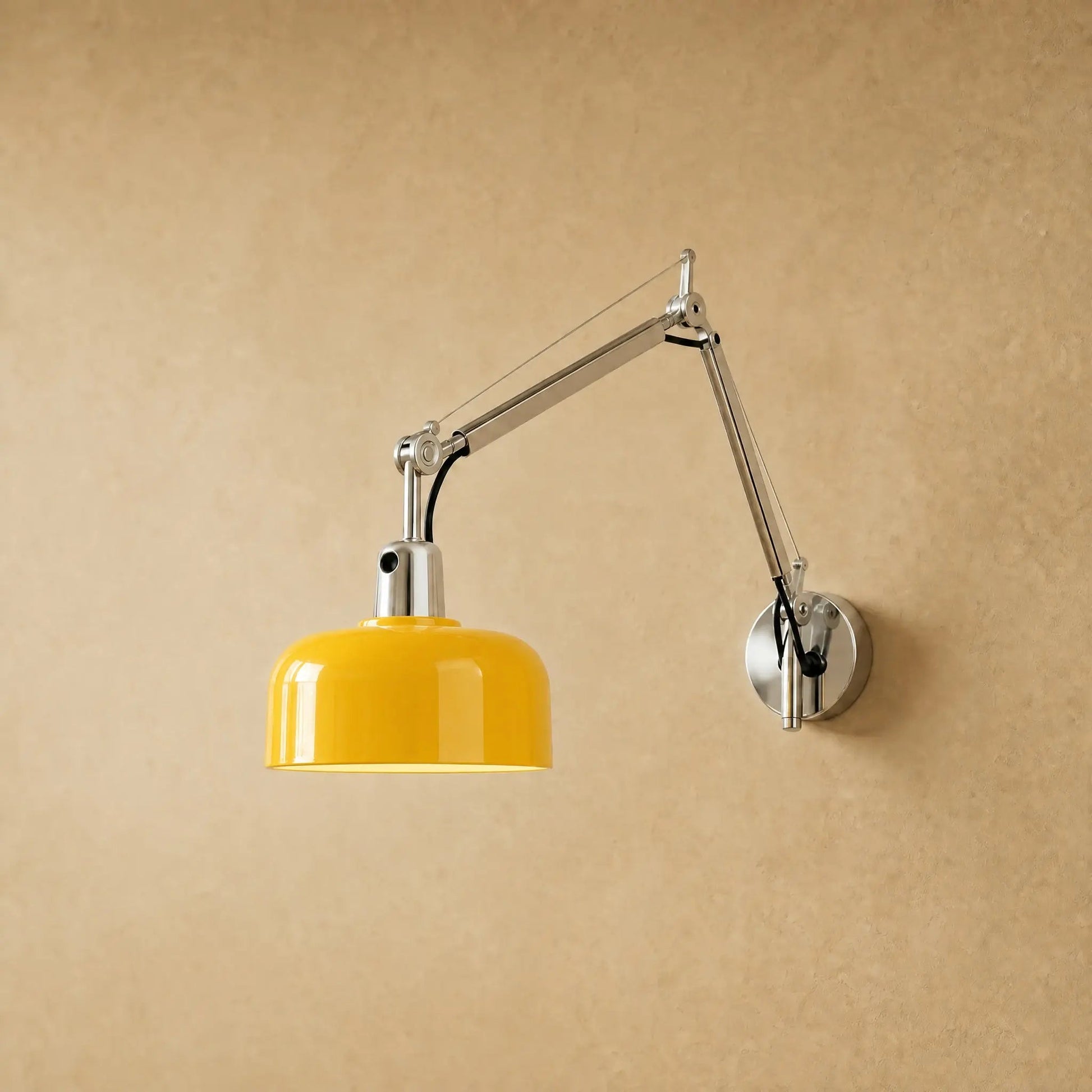 Benra swing arm wall light, yellow lacquered shade and chrome arm | Wickleigh