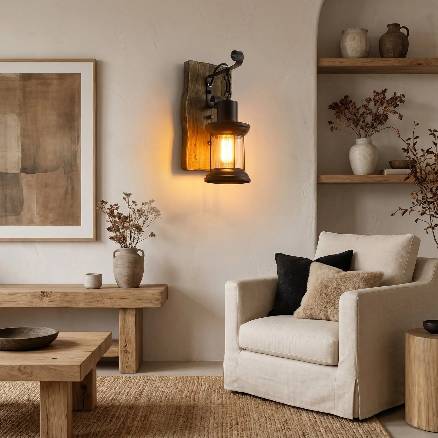 Blenna wall light lit in a warm sitting room in the evening | Wickleigh