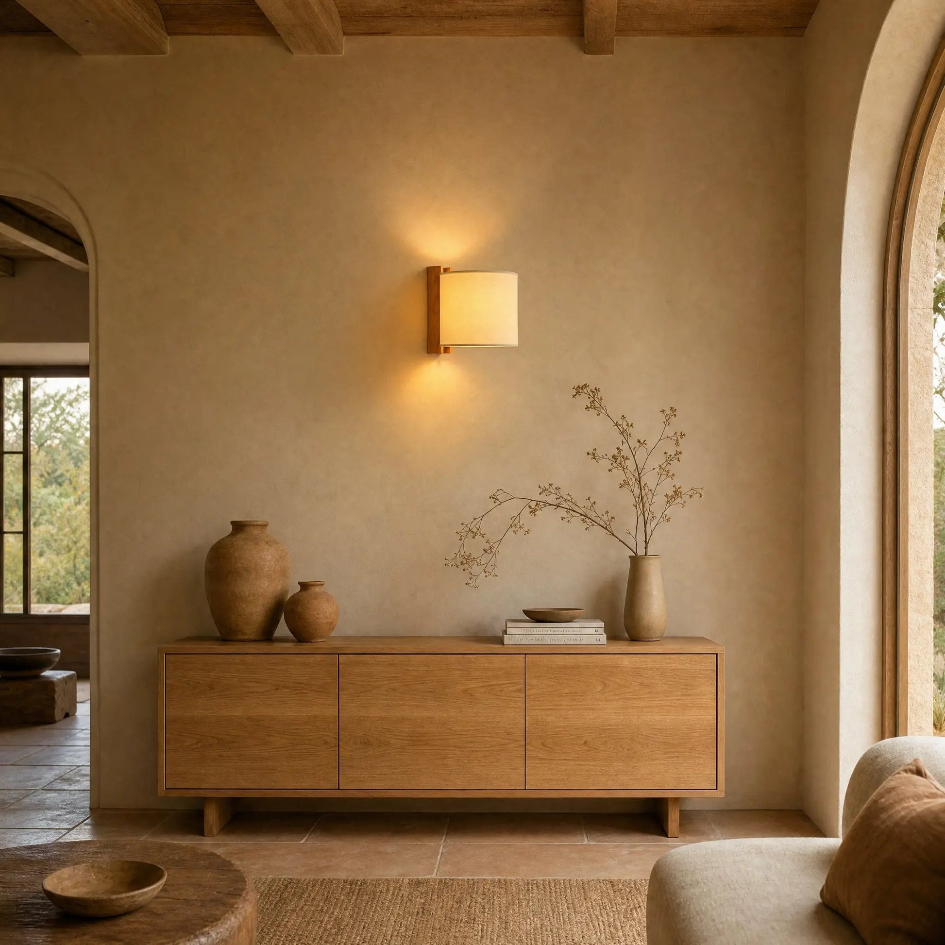 Blyne wall light lit in a wabi-sabi sitting room at dusk | Wickleigh