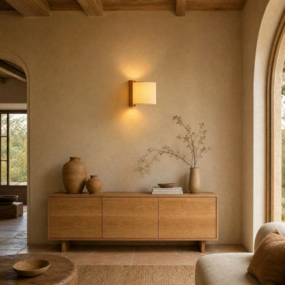 Blyne wall light lit in a wabi-sabi sitting room at dusk | Wickleigh