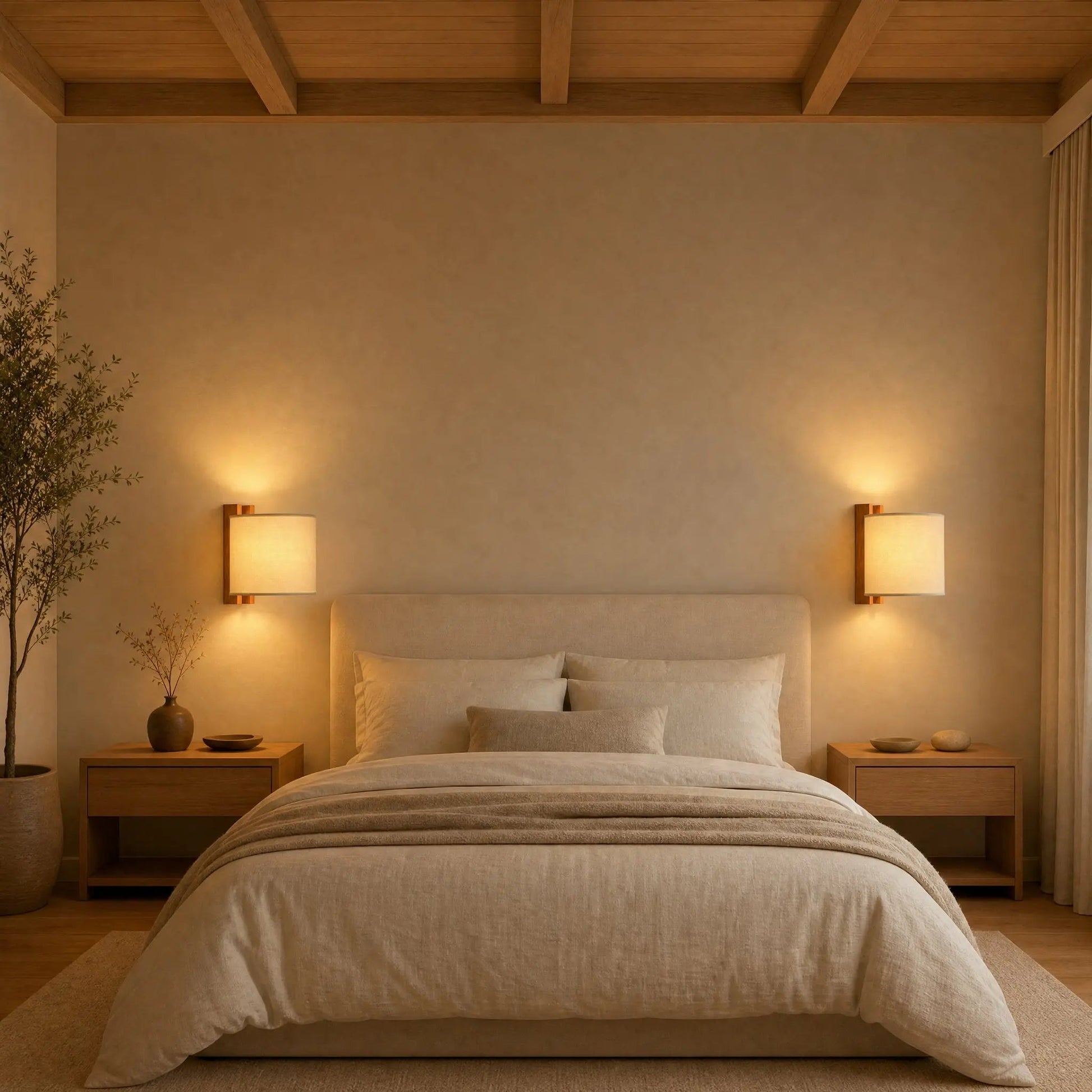 Two Blyne wood wall lights either side of a bedhead | Wickleigh