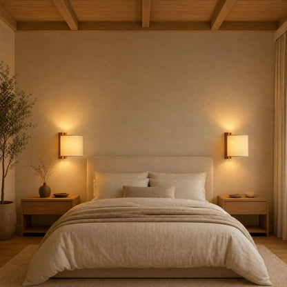 Two Blyne wood wall lights either side of a bedhead | Wickleigh