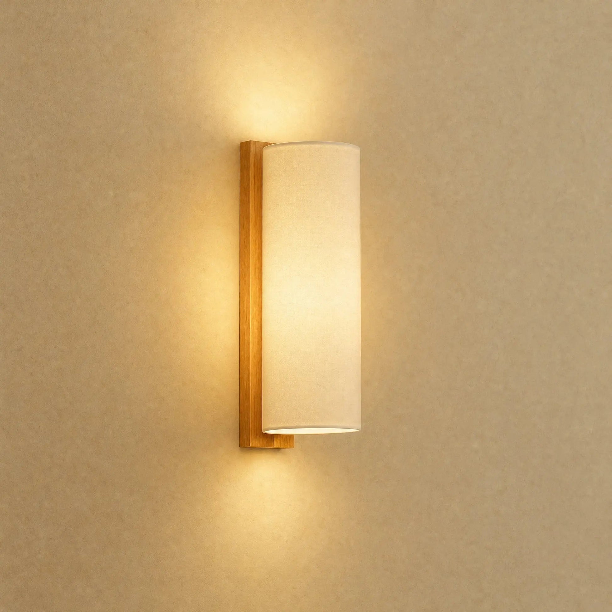 Blyne solid wood wall light, Column model with ecru fabric shade | Wickleigh