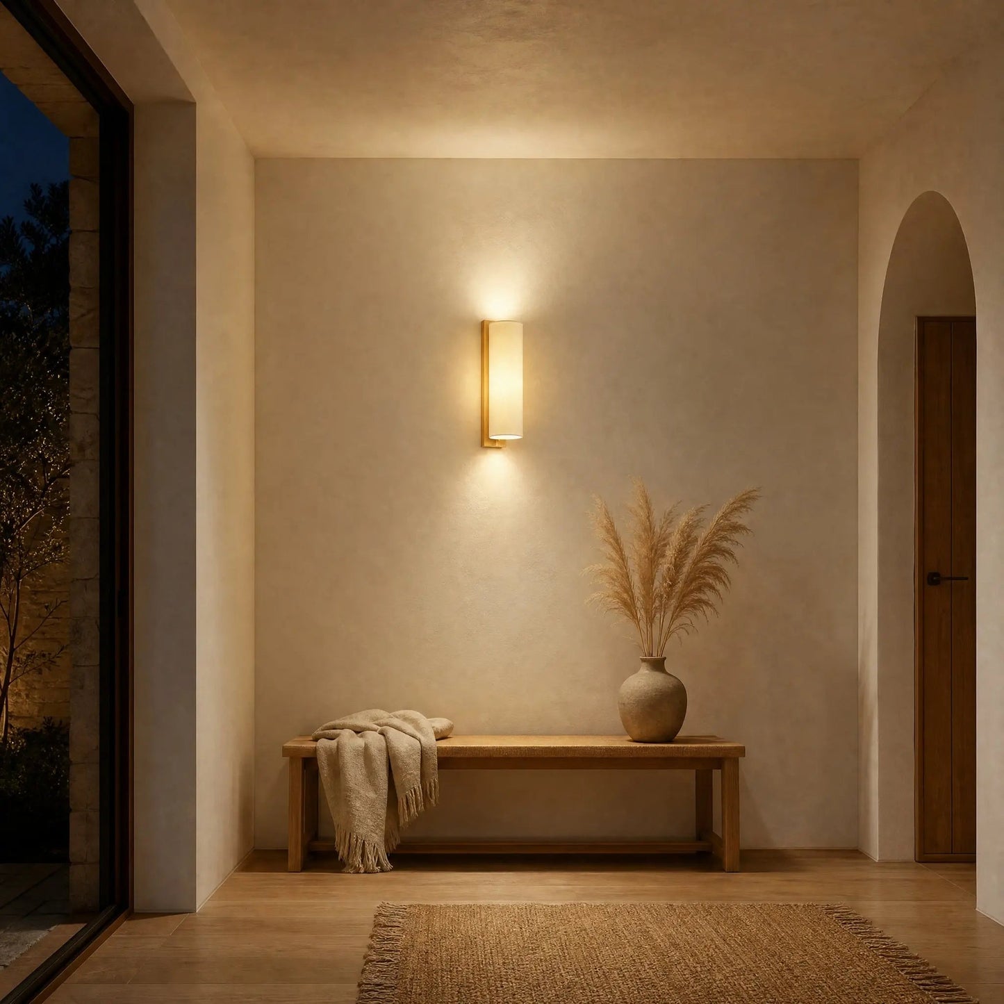Blyne Column wall light lit in a hallway | Wickleigh