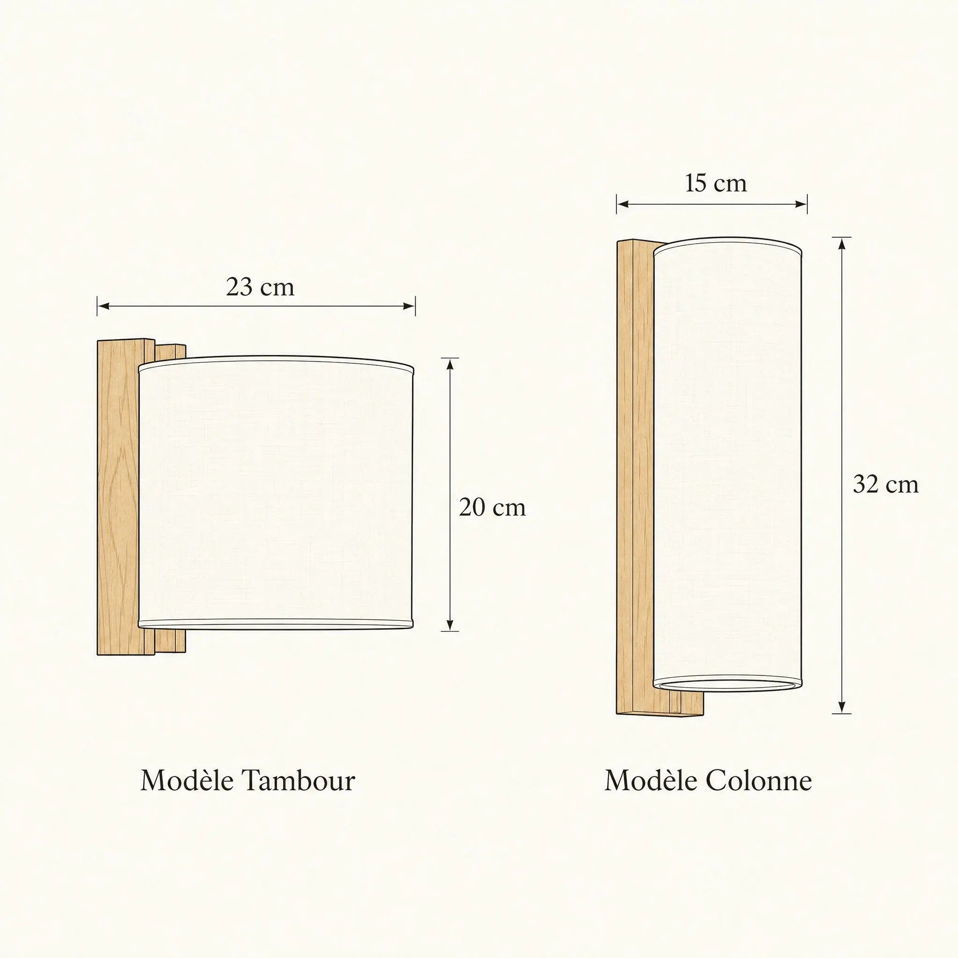 Dimensions of the Blyne wood wall lights, Drum 23 x 20 cm and Column 15 x 32 cm | Wickleigh