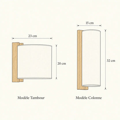 Dimensions of the Blyne wood wall lights, Drum 23 x 20 cm and Column 15 x 32 cm | Wickleigh