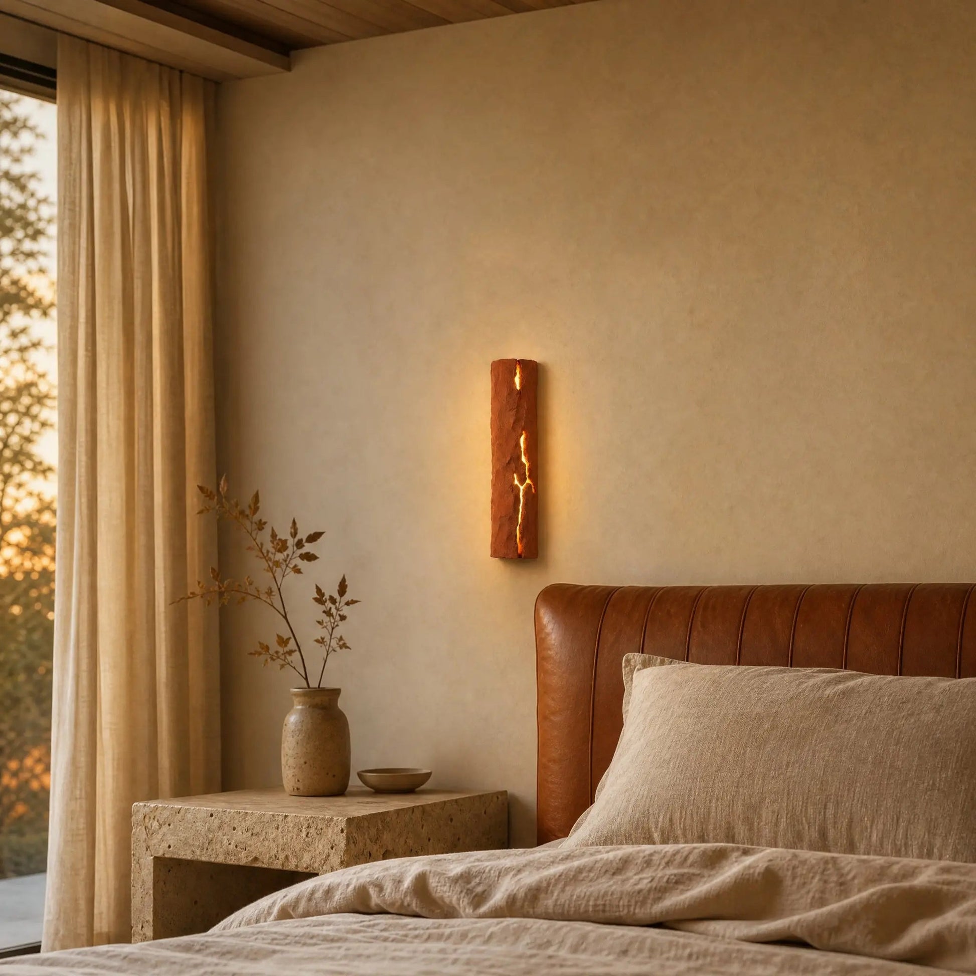 Brevna terracotta bedroom wall light lit above a bedside table, wabi-sabi mood | Wickleigh