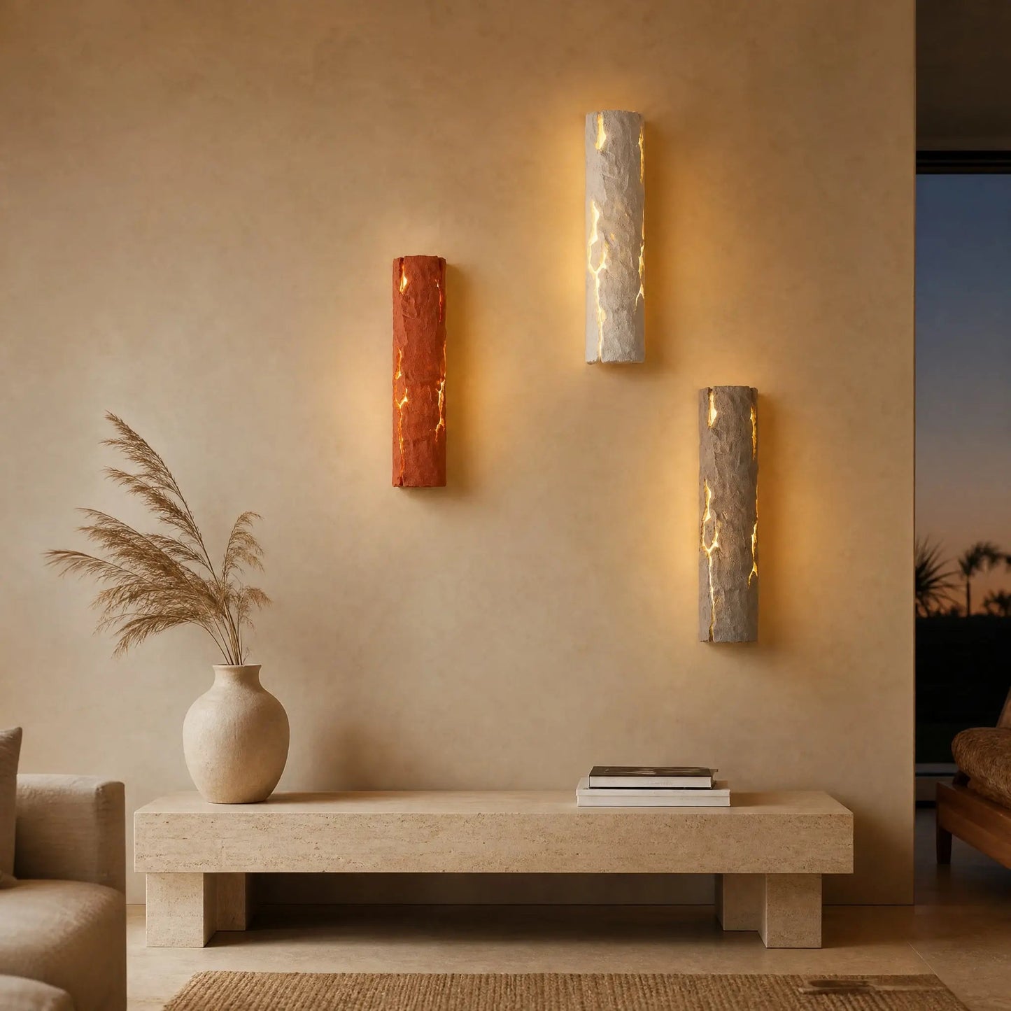Three Brevna lava stone wall lights, terracotta, light stone and stone grey finishes, in a sitting room | Wickleigh