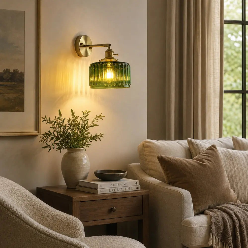Daglen green glass wall light, brass arm on wood base | Wickleigh