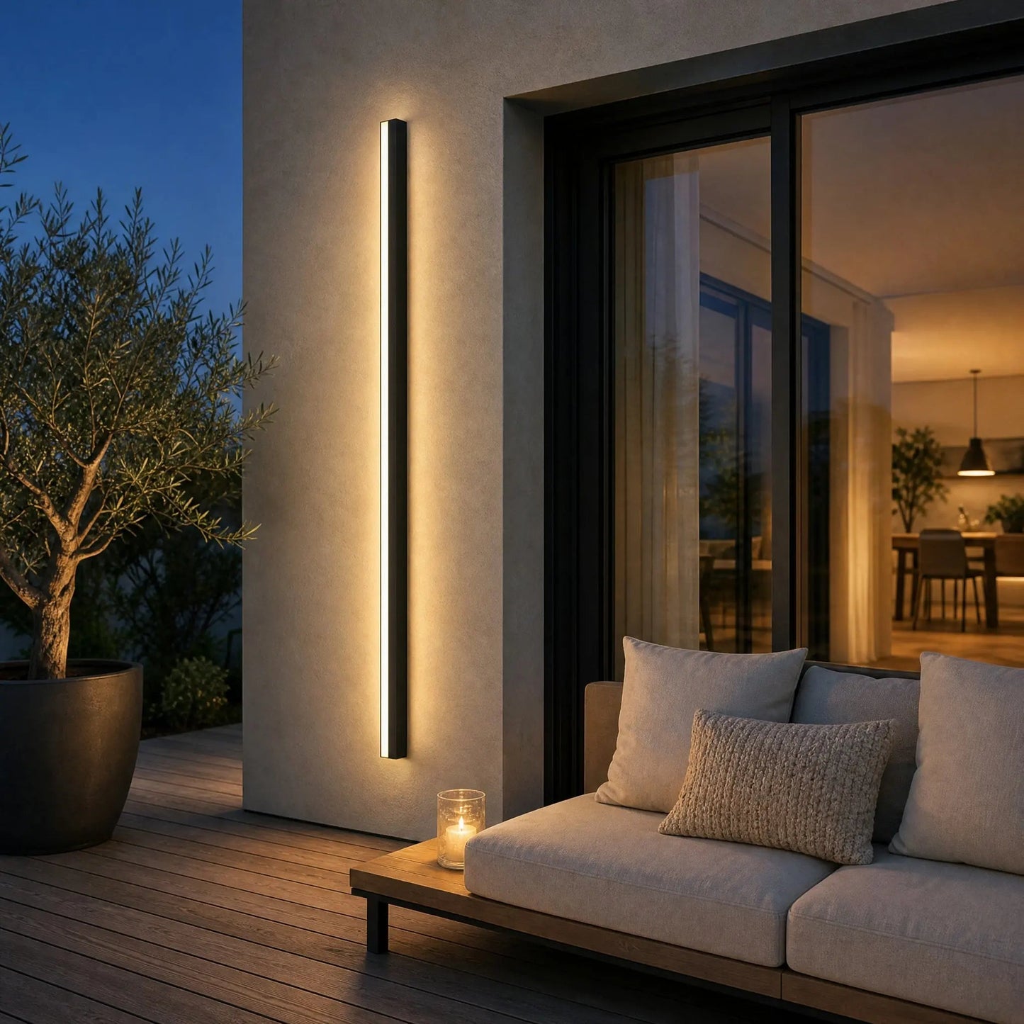Dovlin outdoor LED wall light on a cosy terrace at dusk | Wickleigh