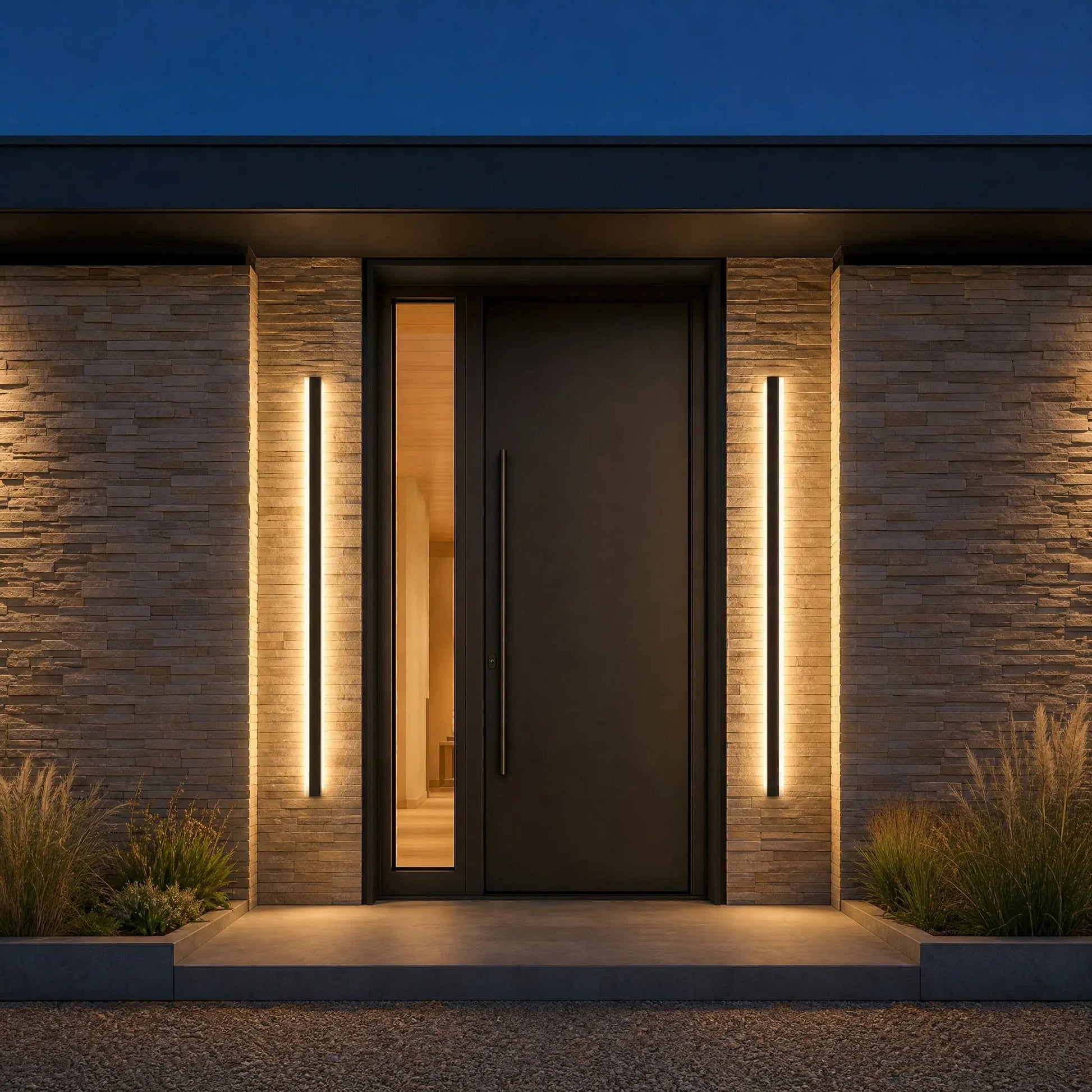 Two Dovlin outdoor LED wall lights framing a front door | Wickleigh