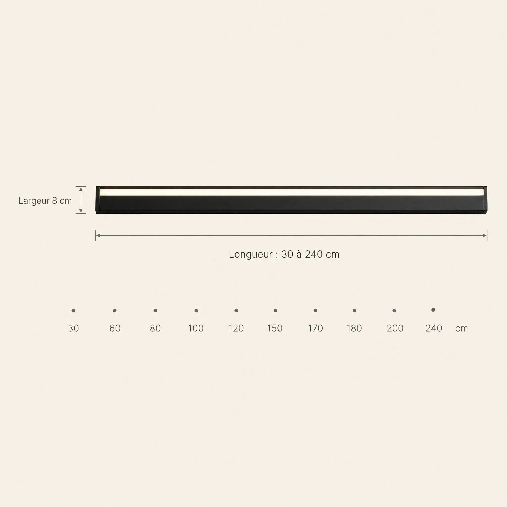 Dimensions of the Dovlin outdoor LED wall light, 8 cm wide, lengths 30 to 240 cm | Wickleigh