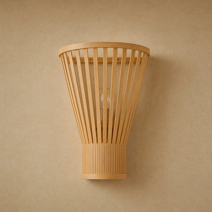 Edlin hand-woven bamboo wall light, sand mineral background | Wickleigh