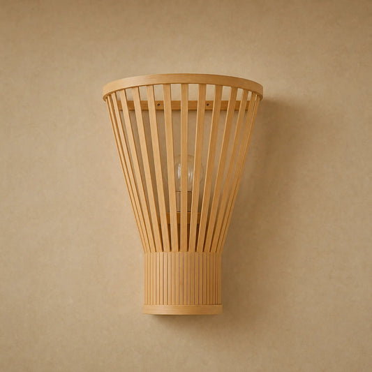 Edlin hand-woven bamboo wall light, sand mineral background | Wickleigh