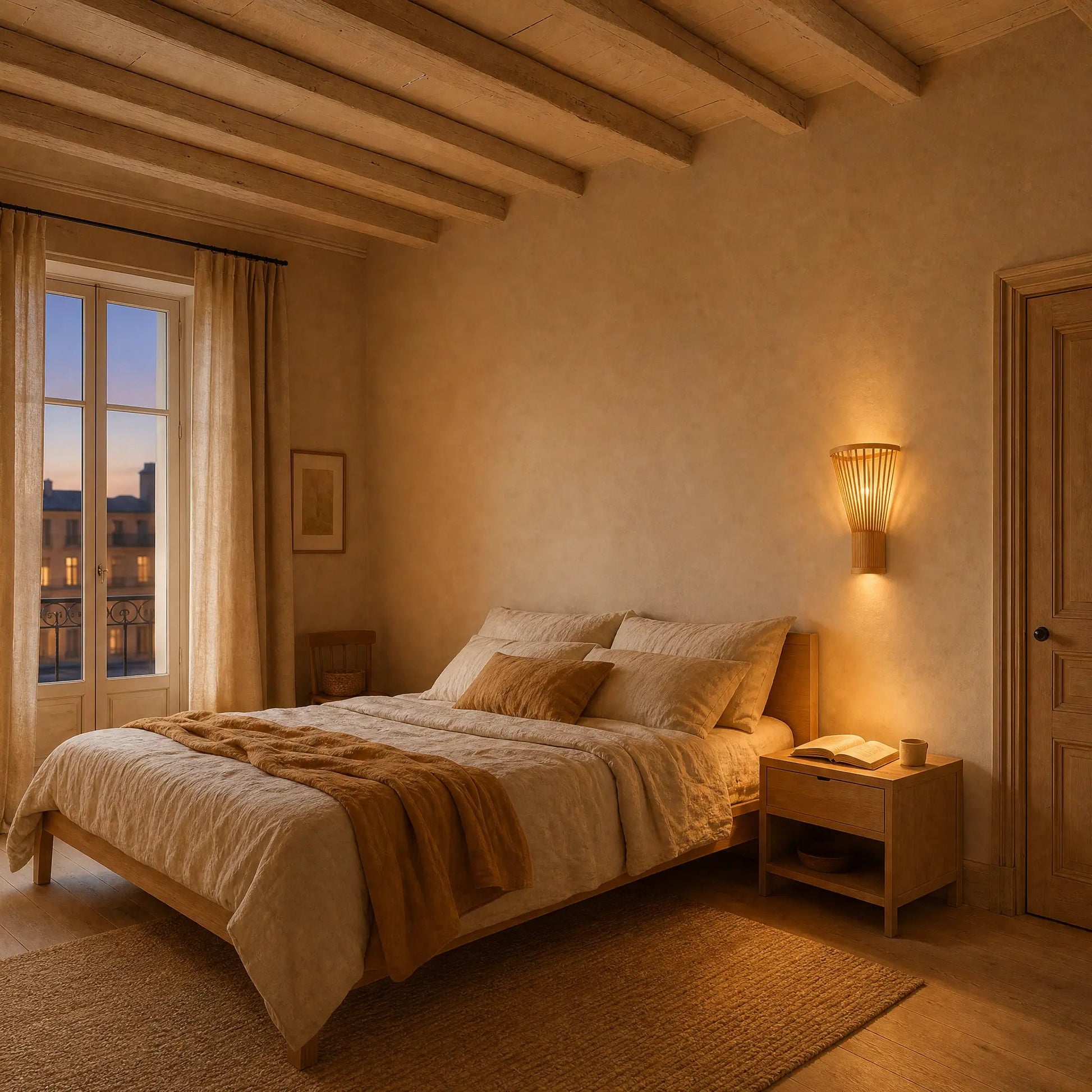 Edlin bamboo wall light lit in warm white above a bedside table | Wickleigh