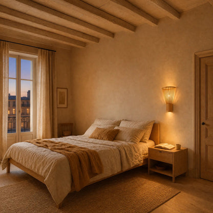 Edlin bamboo wall light lit in warm white above a bedside table | Wickleigh