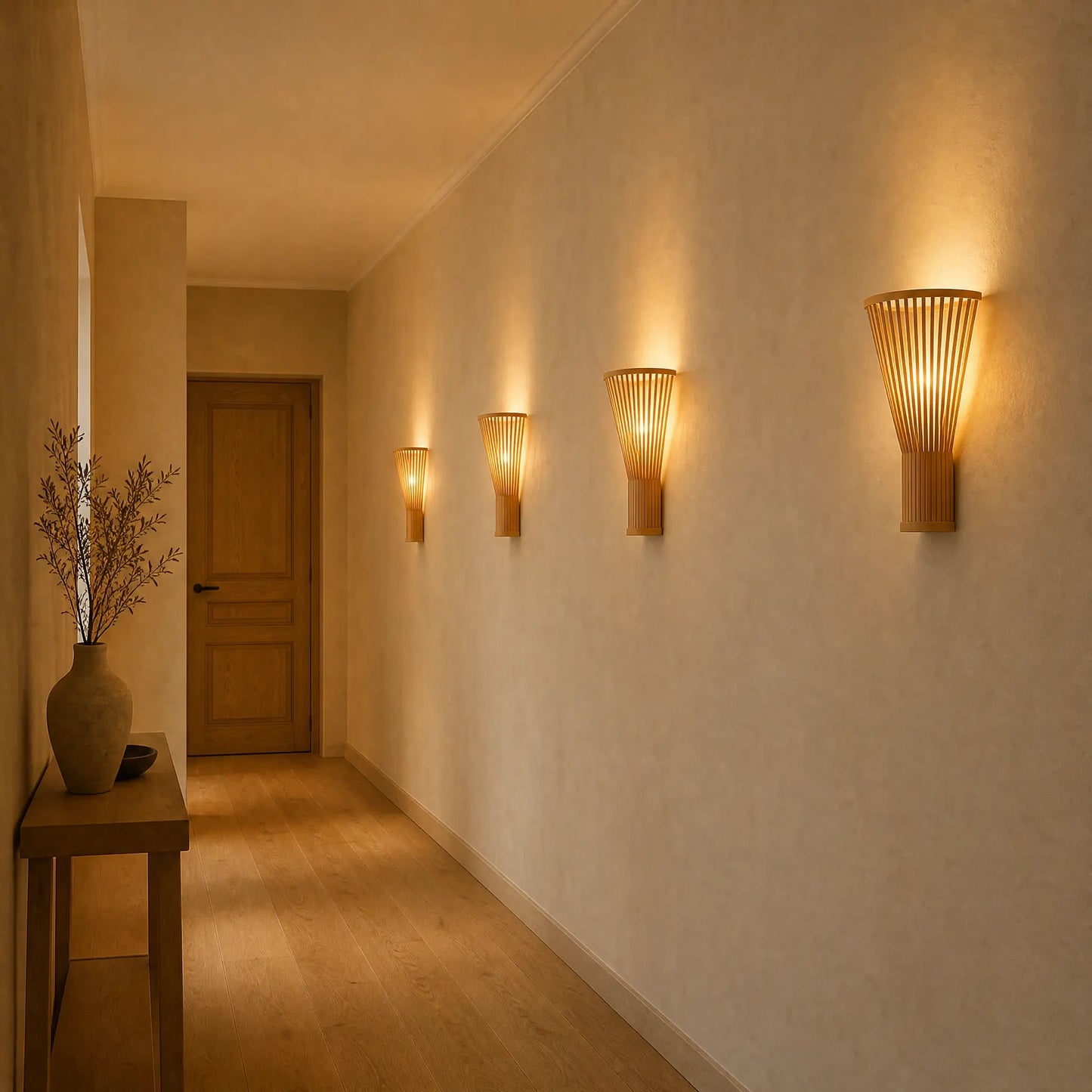 Row of Edlin bamboo wall lights lit along a hallway | Wickleigh