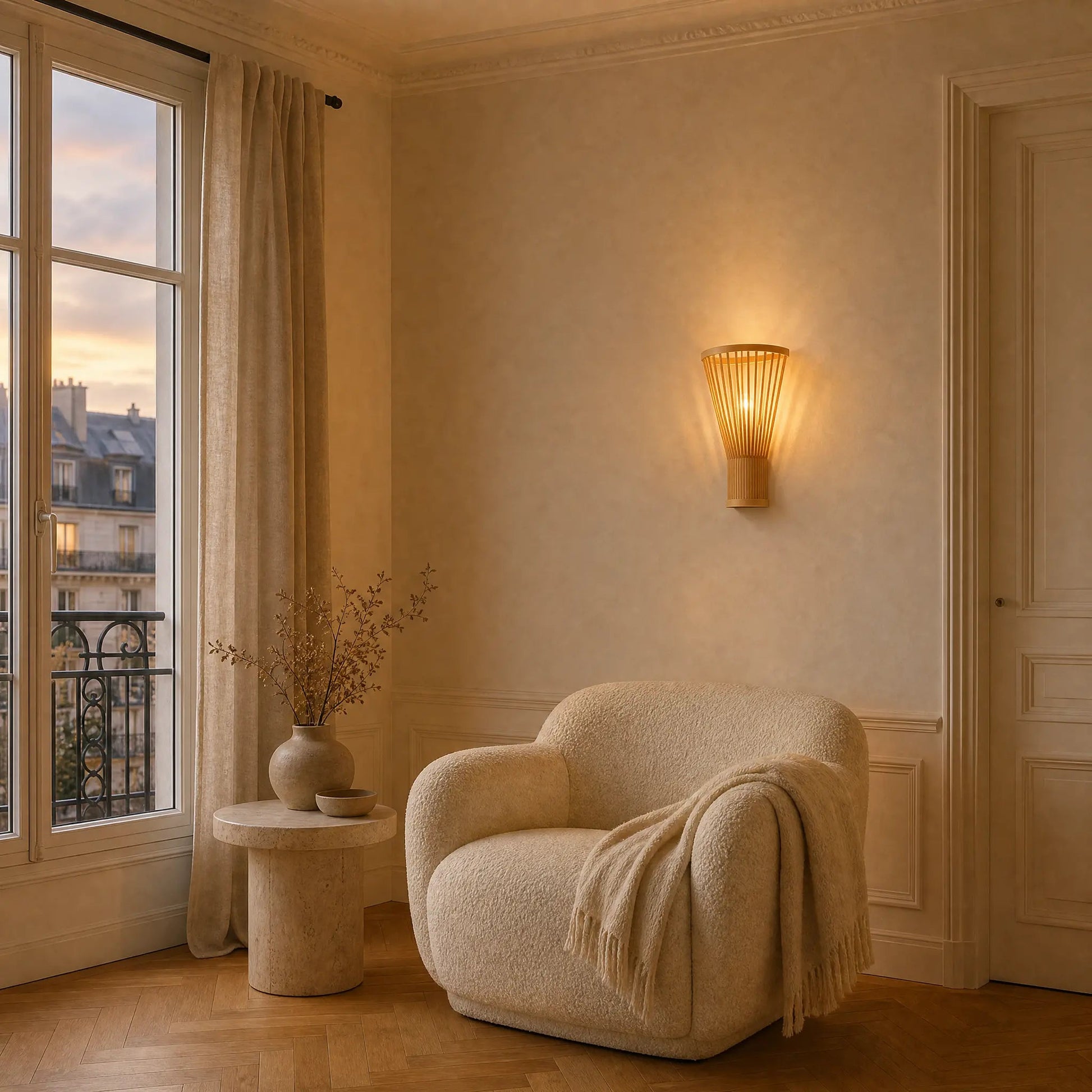 Edlin bamboo wall light lit in a reading corner | Wickleigh