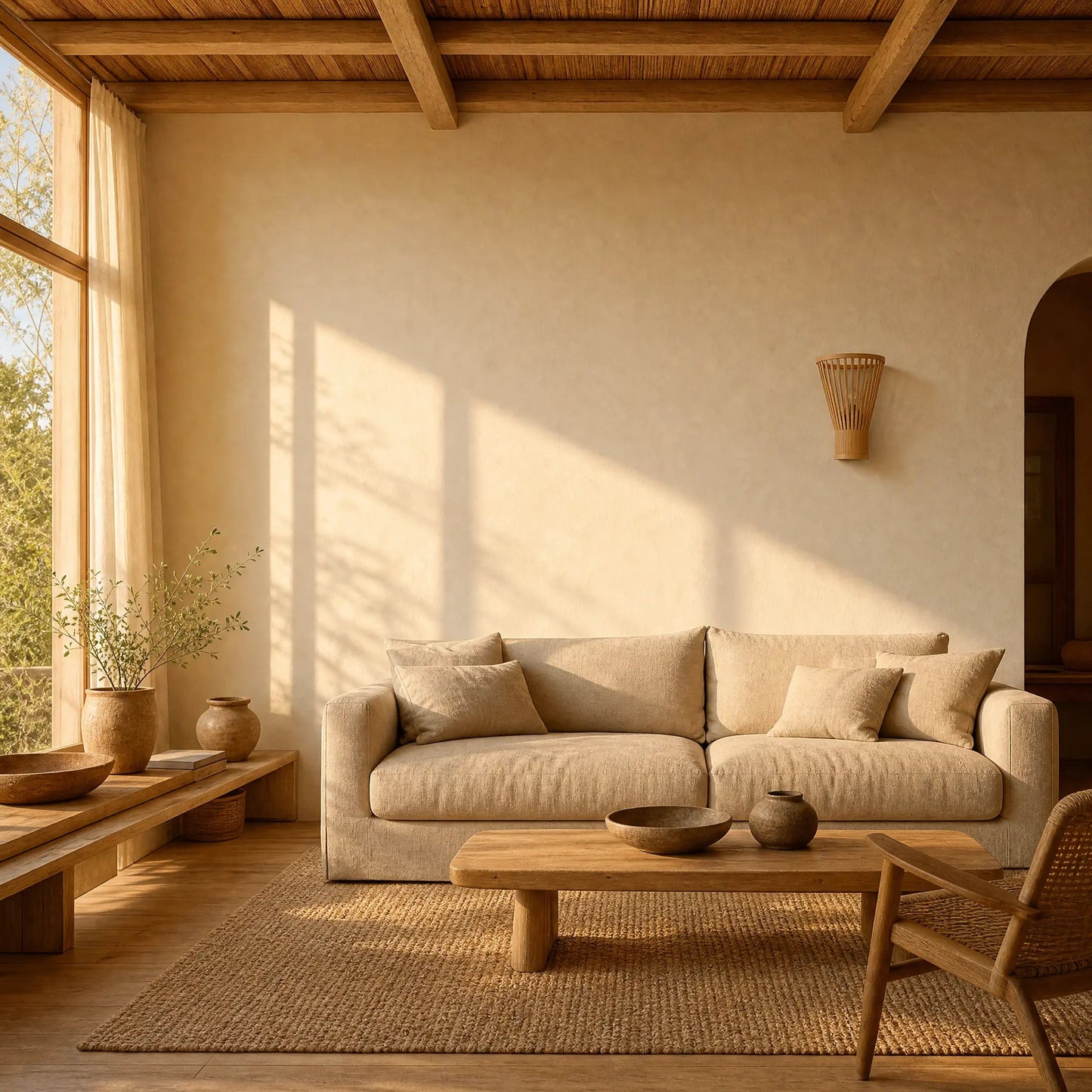 Edlin bamboo wall light unlit in a Japandi sitting room | Wickleigh