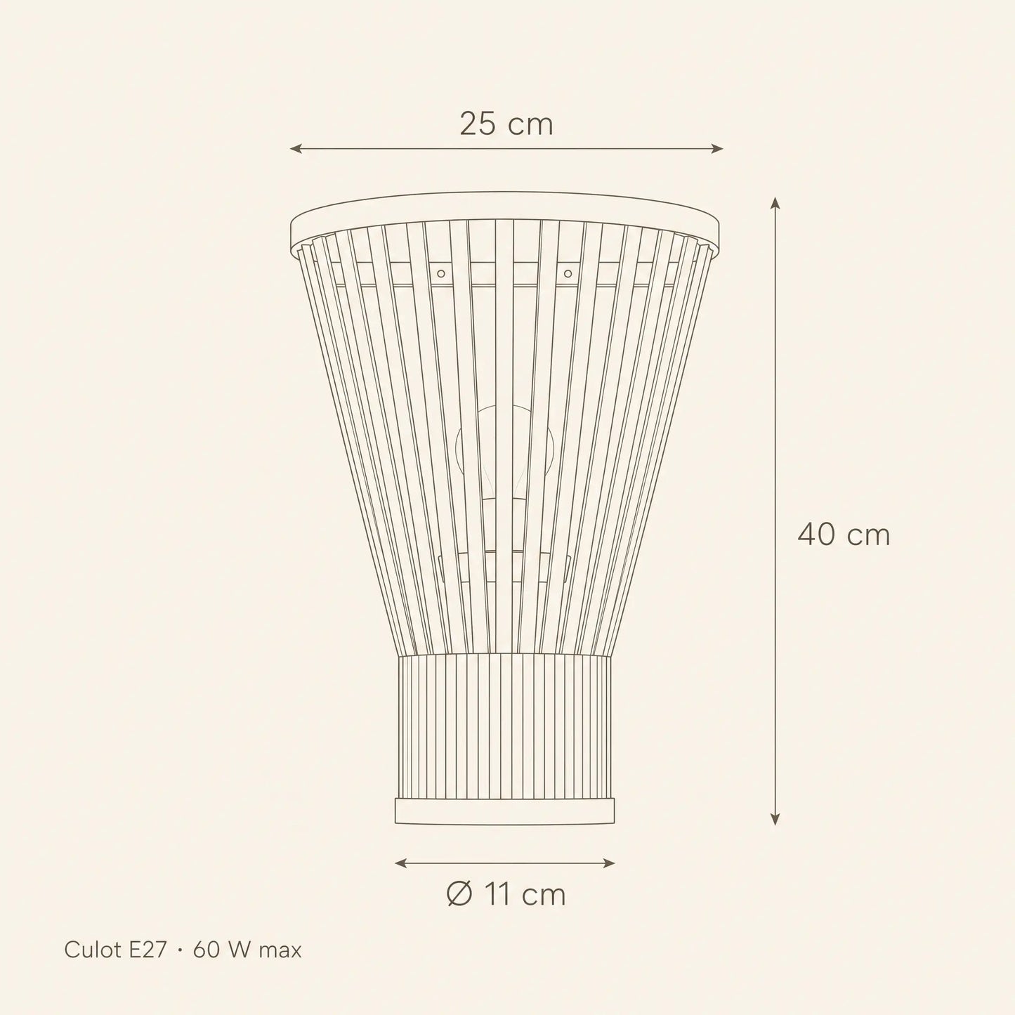 Dimension diagram of the Edlin wall light: 25 cm wide, 40 cm high, base Ø 11 cm | Wickleigh