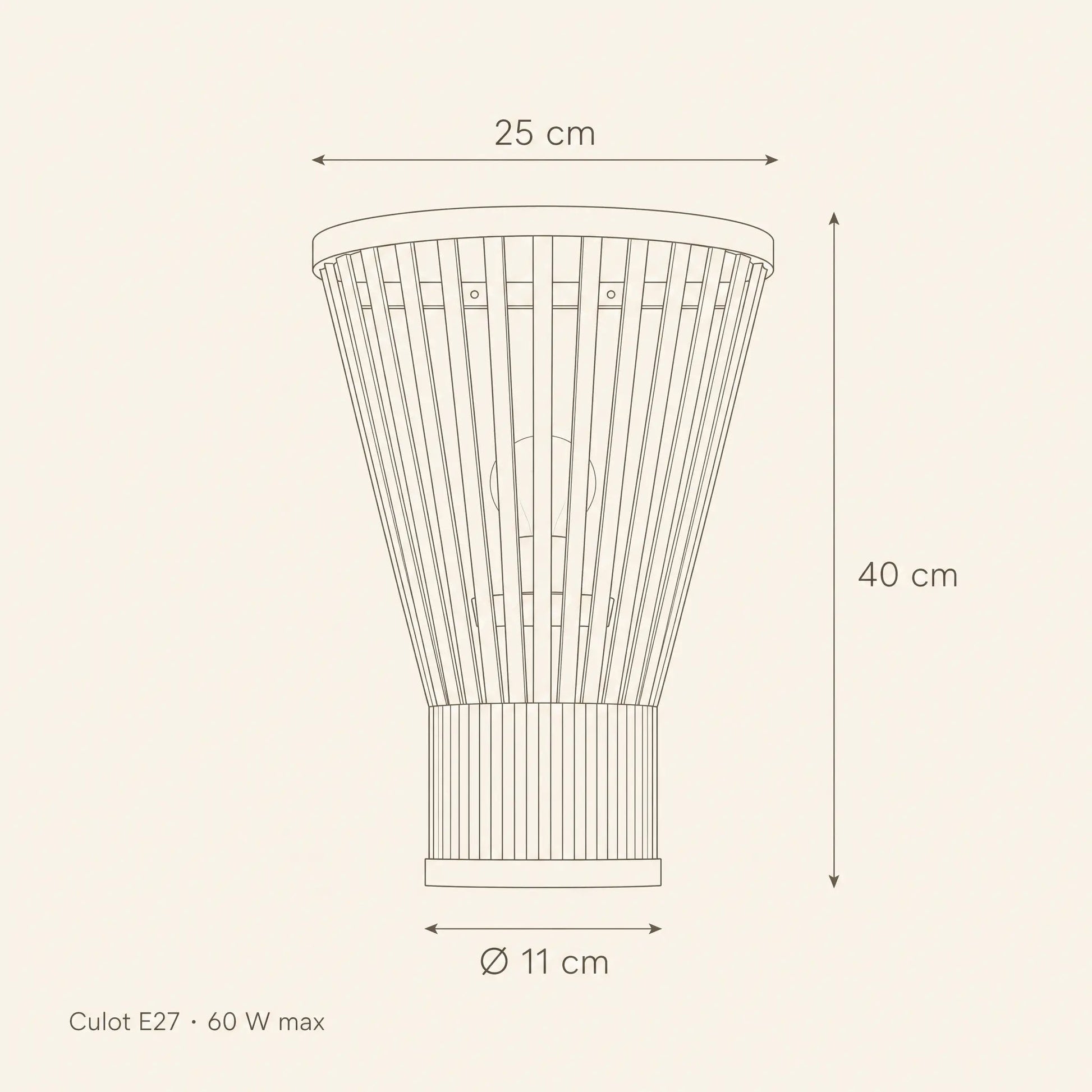 Dimension diagram of the Edlin wall light: 25 cm wide, 40 cm high, base Ø 11 cm | Wickleigh