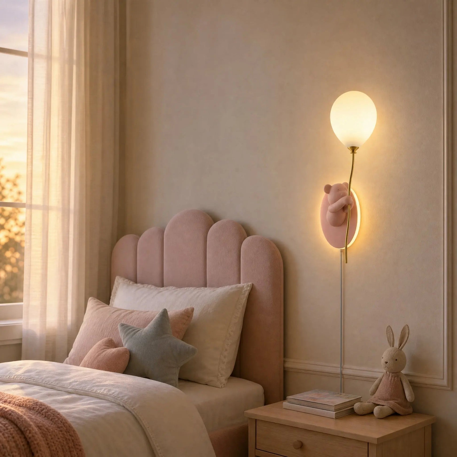Hedin pink bear wall light lit at the bedside in a powder-pink kids' room | Wickleigh