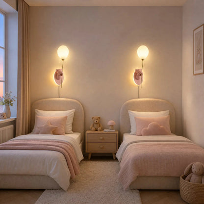 Two Hedin pink bear wall lights in a shared two-bed kids' room | Wickleigh