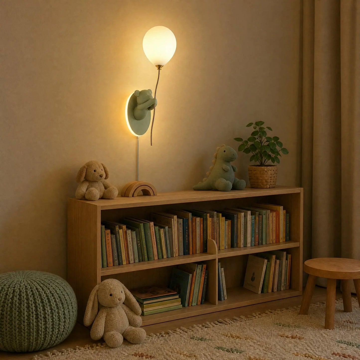 Hedin sage green bear wall light lit in a children's reading corner | Wickleigh
