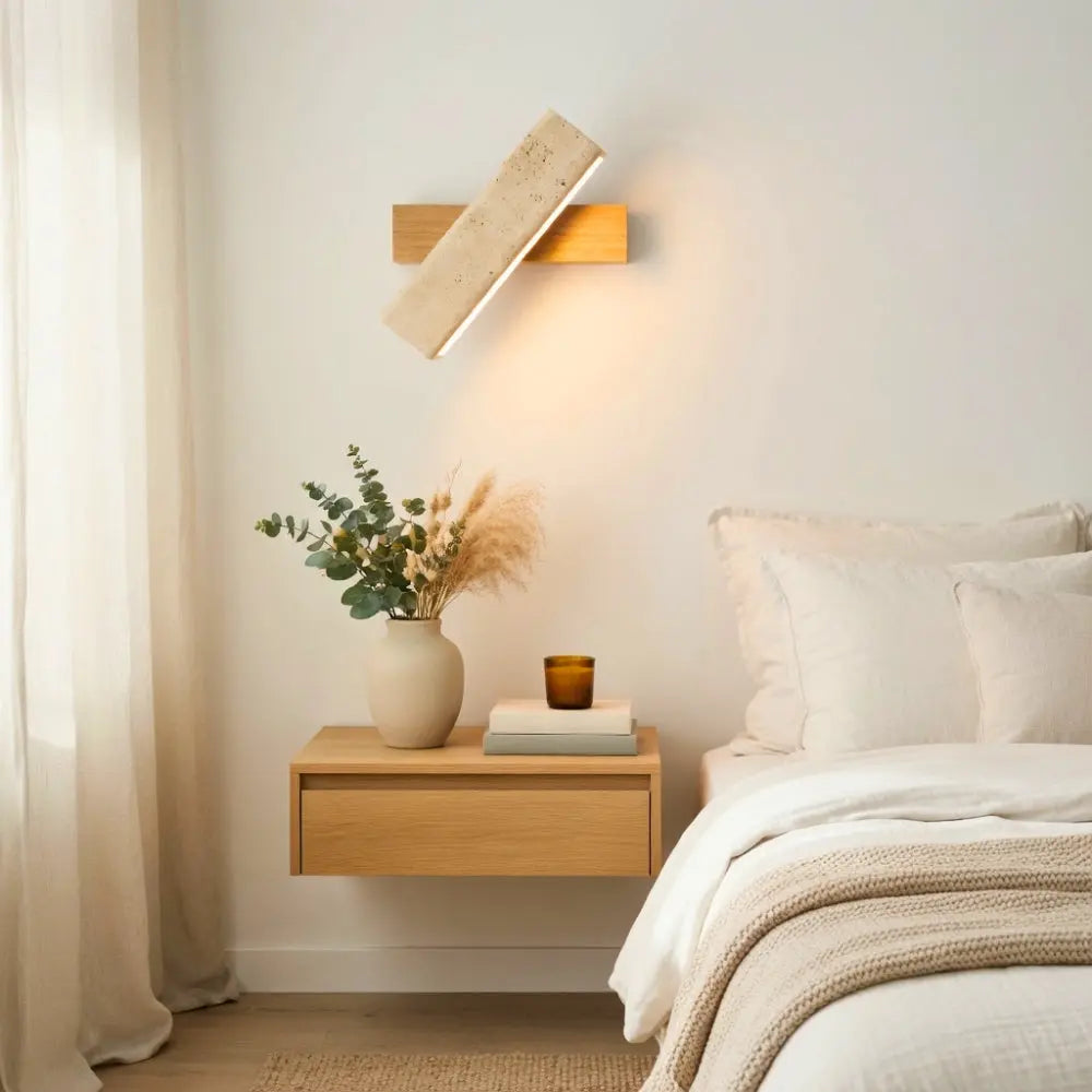 Odrin stone and wood wall light, japandi style | Wickleigh