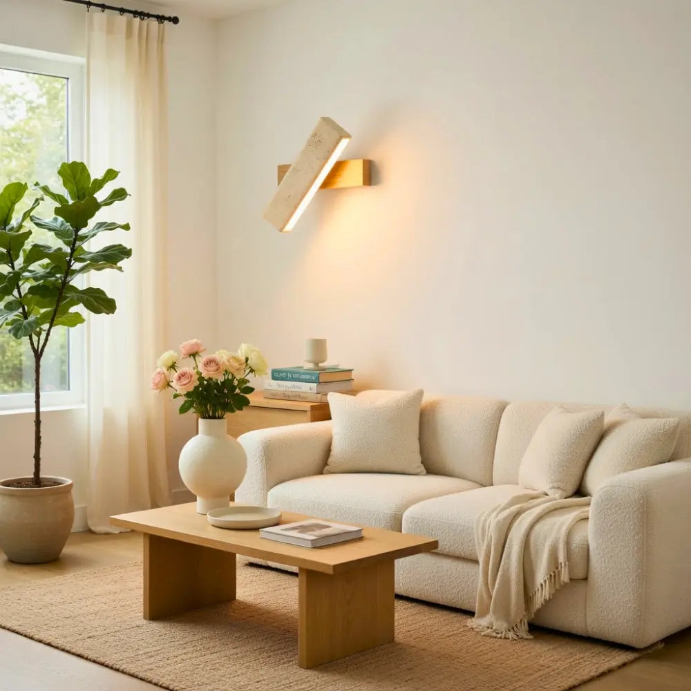 Odrin stone and wood wall light, japandi style | Wickleigh