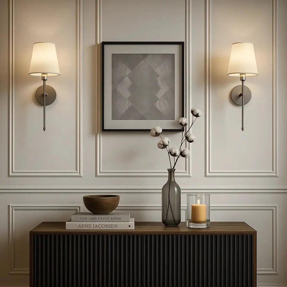 Alnell wall light, torch-style metal arm with fabric shade | Wickleigh