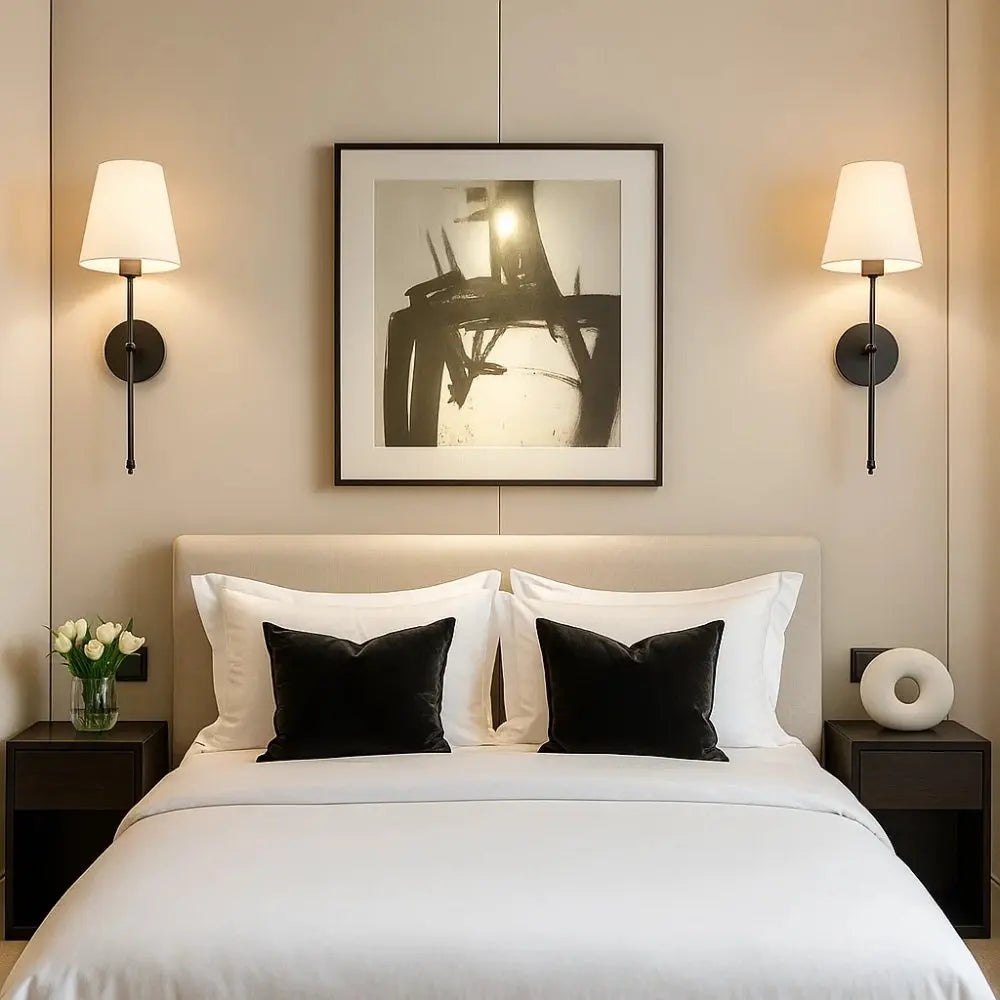 Alnell wall light, torch-style metal arm with fabric shade | Wickleigh