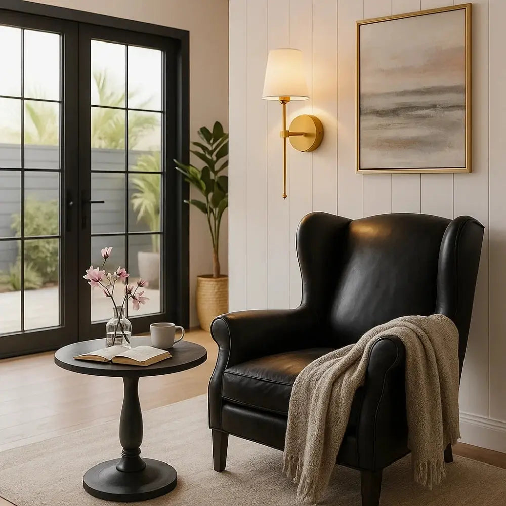 Alnell wall light, torch-style metal arm with fabric shade | Wickleigh