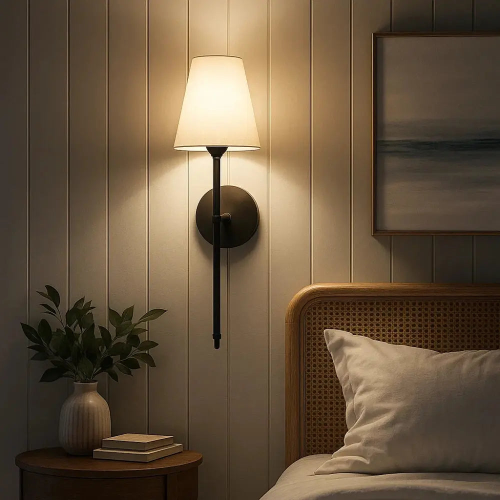 Alnell wall light, torch-style metal arm with fabric shade | Wickleigh