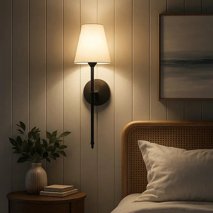 Alnell wall light, torch-style metal arm with fabric shade | Wickleigh