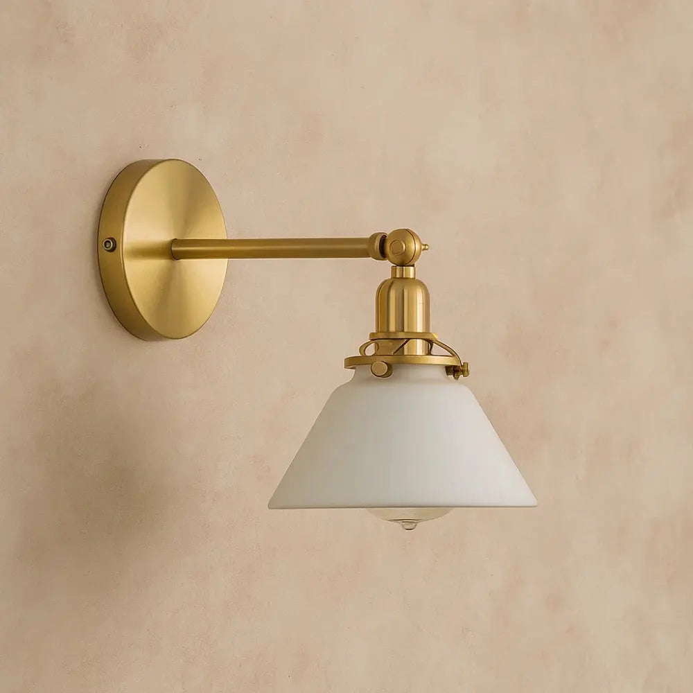 Emben glass wall light, brass-toned retro design, white | Wickleigh