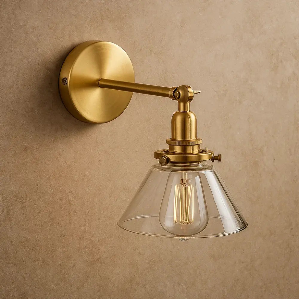 Emben glass wall light, brass-toned retro design, clear | Wickleigh