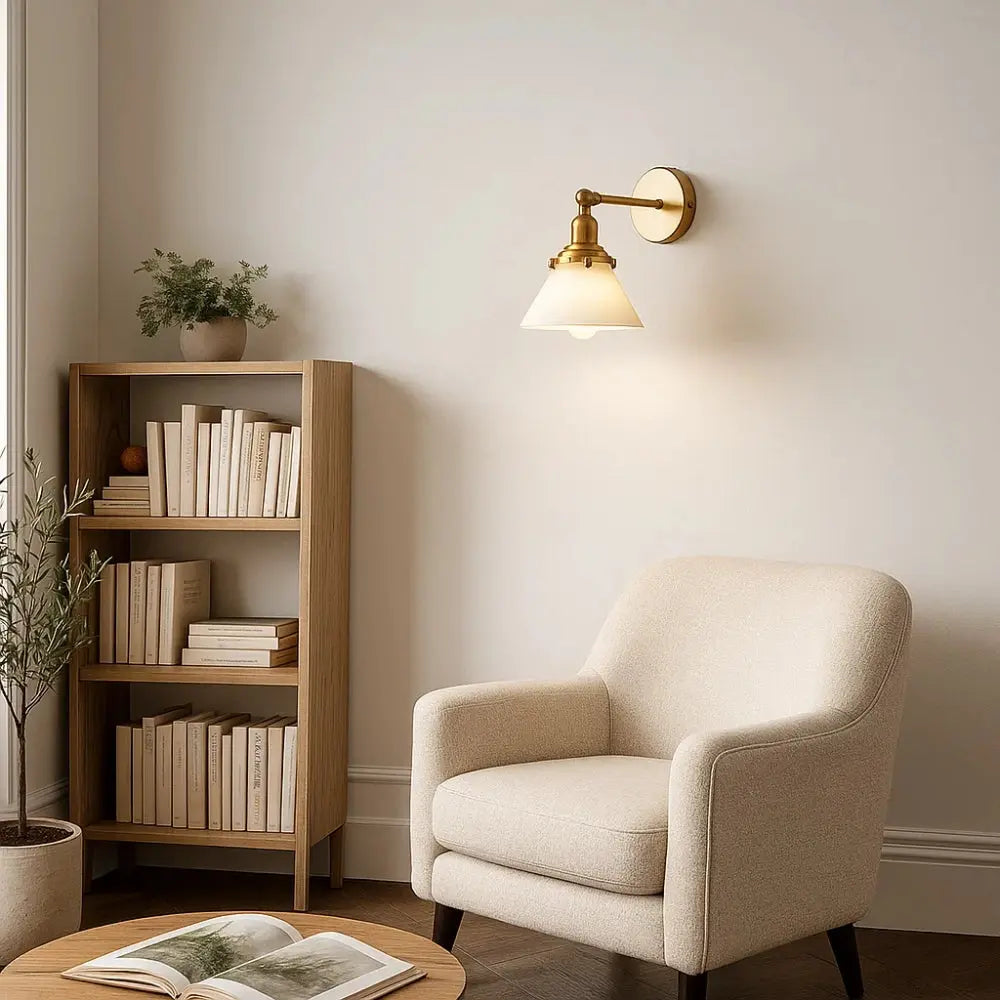 Emben glass wall light, brass-toned retro design | Wickleigh