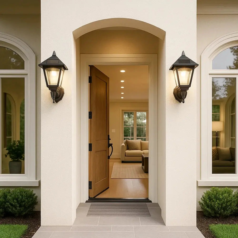 Holna solar wall light, geometric lantern silhouette | Wickleigh