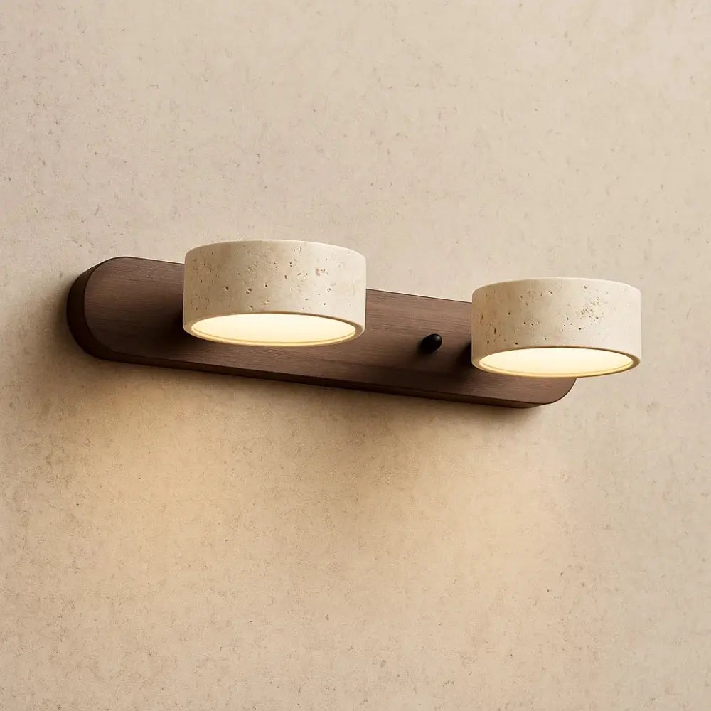 Odika travertine wall light, walnut finish, two lights, Ø32 x H6 cm | Wickleigh